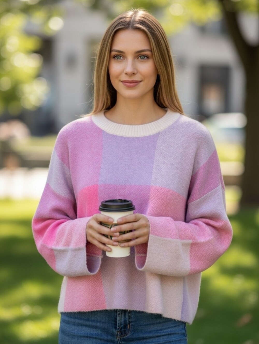 Francesca's Collections Pink & Lavender Block-Check Crewneck Sweater SZ L